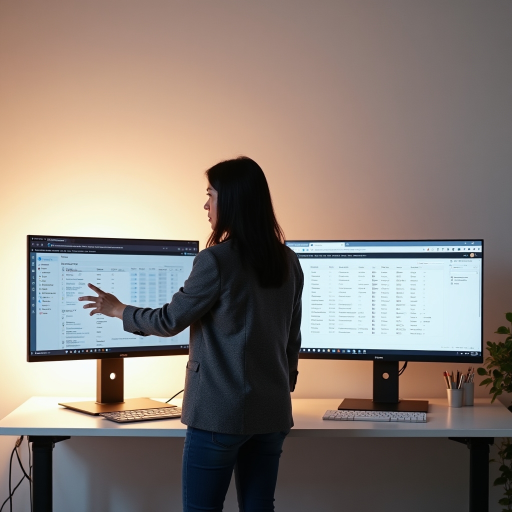 Porovnání rozhraní Notion a Airtable zobrazených na dvou monitorech vedle sebe